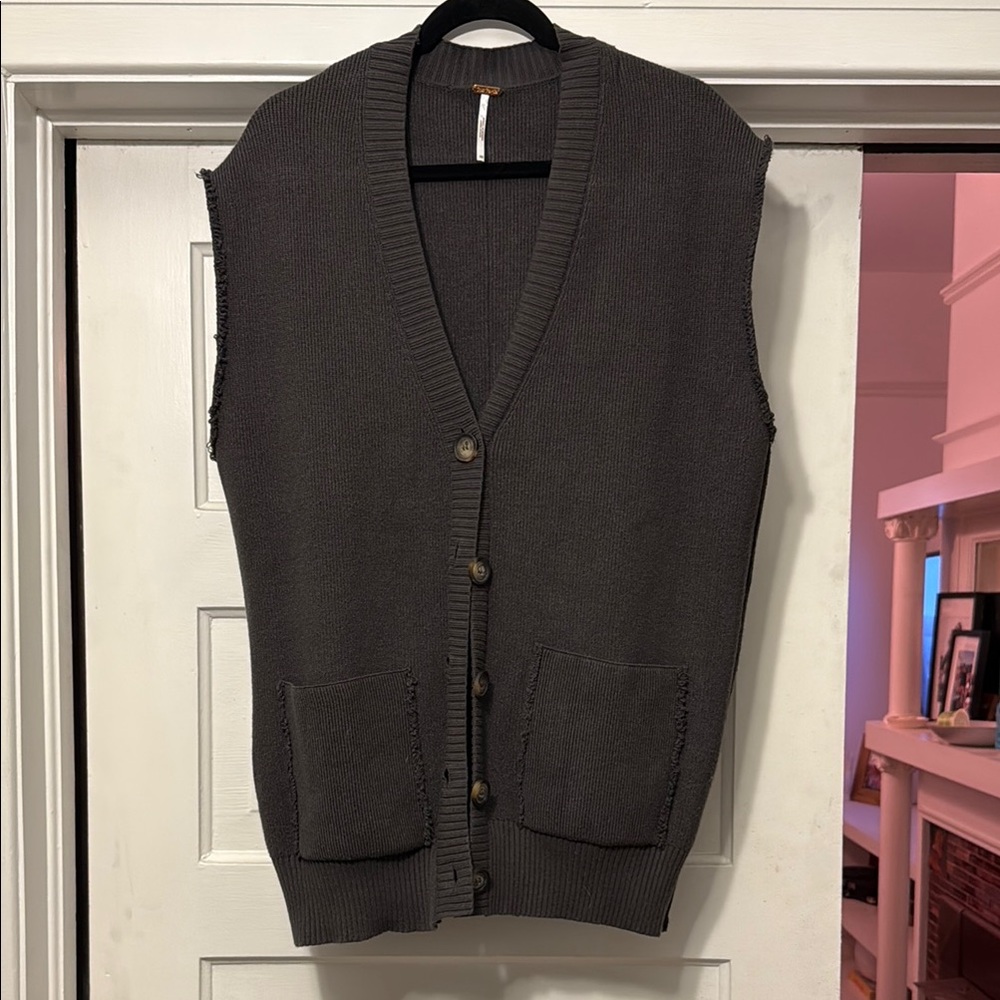Free People Charcoal Gray Sleeveless Button Cardigan Vest